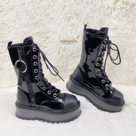 Patent Matte Platform Mid Calf Goth Punk Boots - Picture 11 of 14